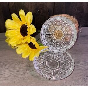 Set of Two Vintage Clear Pressed Glass Ashtrays‎ Retro Hexagon Floral Pattern